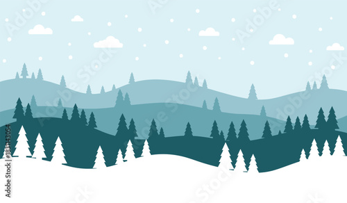 Tranquil Winter Scenery with Snow Covered Mountains and Evergreen Trees A Serene Snowy Landscape with Falling Snow and