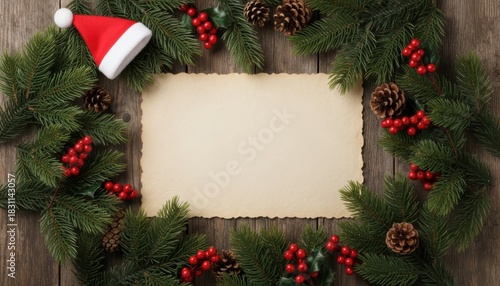 Festive Christmas Decoration Featuring Pine Cones, Holly Berries, and a Santa Hat Framing a Blank Invitation or Greeting Card on a Rustic Wood Background