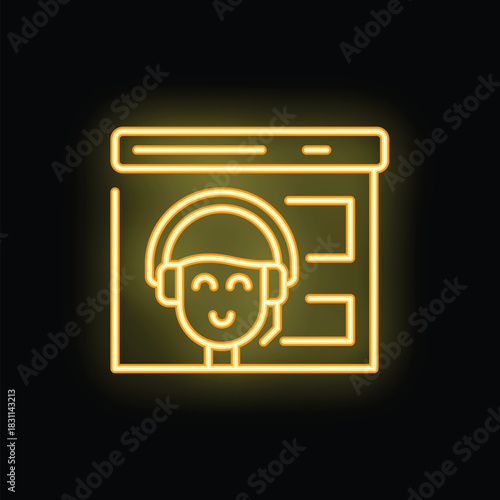 Yellow neon sign representing a customer service representative wearing a headset and smiling on a website interface