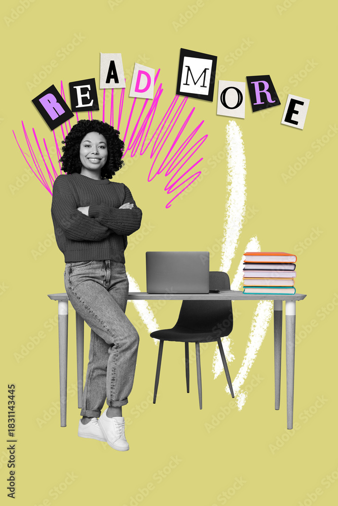 Obraz premium Banner template collage of person stand office desk having slogan read more over yellow background