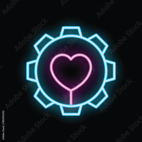 Neon icon of a gear wheel with a heart inside representing the concept of love machine