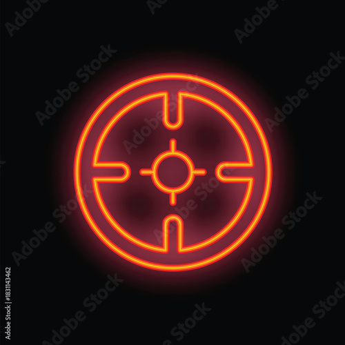 Bright orange neon target sign glowing on a black background