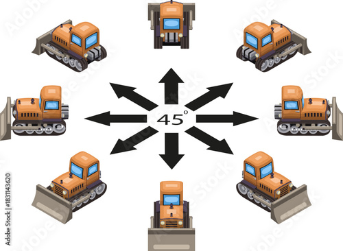 Six isometric cartoon bulldozers. The orange bulldozers in game style in different angles in isometric view.