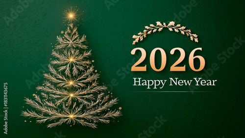 New Year's card with a golden Christmas tree and the inscription Happy New Year 2026