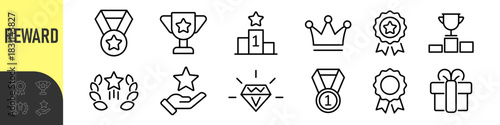 Reward set of web icons in line style. A collection of linear icons representing various reward concepts, including gift, trophy, recognition, reward program, medal, bonus, and more
