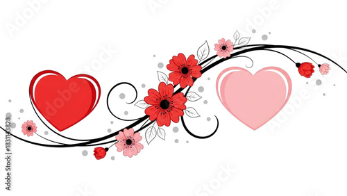 Red and pink hearts with red and pink flowers and swirls on black love red heart