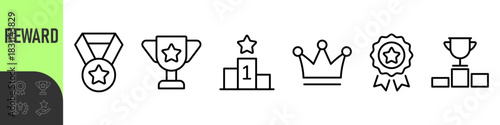 Reward set of web icons in line style. A collection of linear icons representing various reward concepts, including gift, trophy, recognition, reward program, medal, bonus, and more
