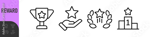 Reward set of web icons in line style. A collection of linear icons representing various reward concepts, including gift, trophy, recognition, reward program, medal, bonus, and more