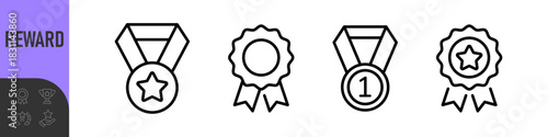 Reward set of web icons in line style. A collection of linear icons representing various reward concepts, including gift, trophy, recognition, reward program, medal, bonus, and more