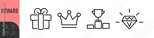Reward set of web icons in line style. A collection of linear icons representing various reward concepts, including gift, trophy, recognition, reward program, medal, bonus, and more
