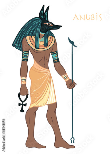 Portrait of Anubis. in Ancient Egyptian, god of death, mummification, embalming, the afterlife, cemeteries, tombs, and the Underworld. Vector isolated illustration. A man with the head of a jackal or