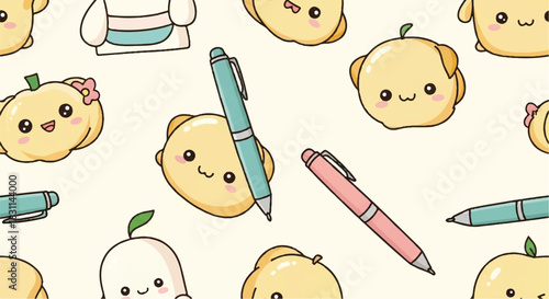 Cute Kawaii Fruit and Pen Illustration Pattern.