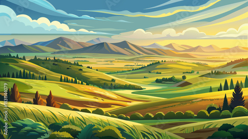 Very beautiful panoramic prairie landscape stretches across wide open grasslands, showcasing rolling hills, soft summer light, and a peaceful natural setting perfect for nature, travel, and scenic out