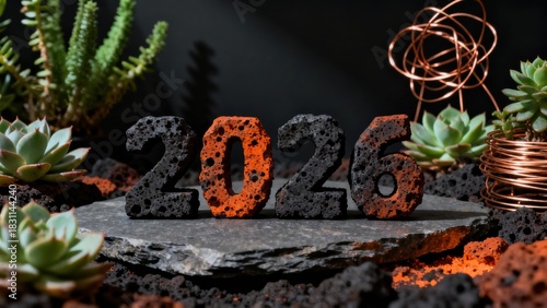 Stylish Showcase of the Year 2026 with Textured Decorative Numbers Surrounded by Succulents and Volcanic Elements in a Contemporary Arrangement