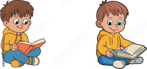 Cartoon illustration of children reading books, sitting cross‑legged, education, learning, childhood literacy, study, imagination, school, knowledge