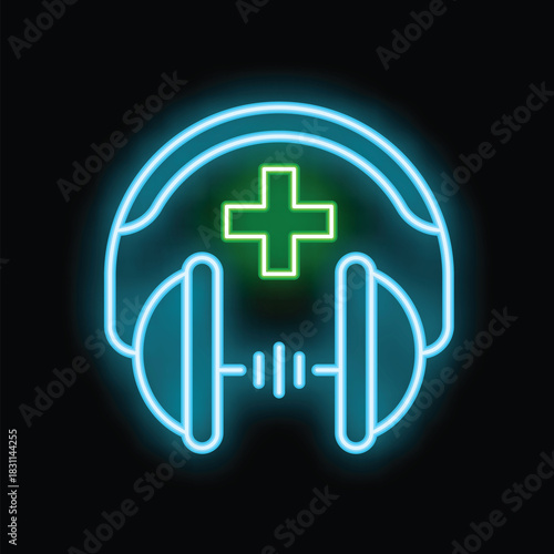 Neon icon of headphones showing the concept of medical support hotline with bright cyan and green colors on black background