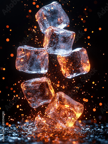 Floating ice cubes illuminated by warm orange light and shimmering particles against a dark background.