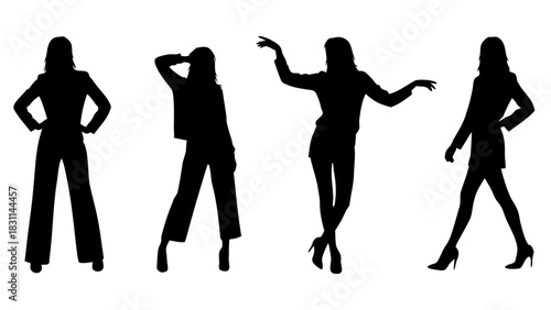 silhouette of a girl : four silhouettes of girls in dynamic poses for fashion, business and dance themes