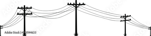 Silhouette power line poles with sagging wires on rural landscape, utility electricity transmission illustration, black and white vector background
