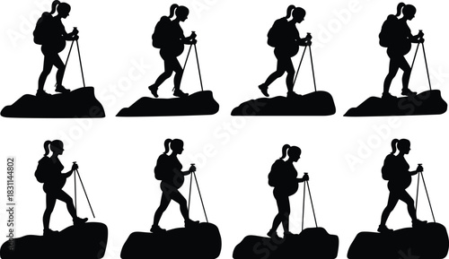 Silhouettes of hiker with trekking poles, backpack, walking on rocky terrain, outdoor adventure, mountain climbing, exploration, fitness, 
