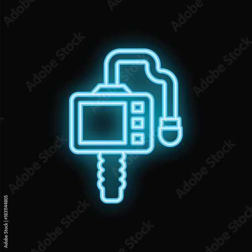 Blue neon icon of an ultrasound transducer emitting ultrasound waves on a black background