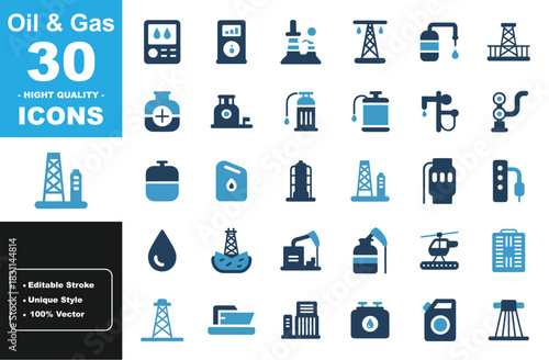 Oil & Gas Icon Set – 30 High-Quality Vector Petroleum, Refinery, Fuel, Rig, Pipeline, Offshore & Industry Icons