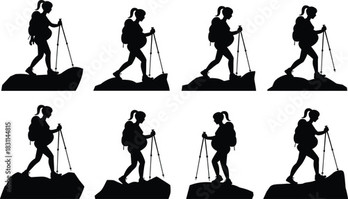 Silhouettes of hiker with trekking poles, backpack, walking on trail, outdoor adventure, mountain climbing, exploration, fitness, travel