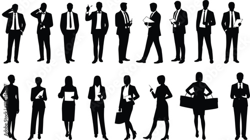 Silhouettes of male and female business professionals, formal attire, teamwork, leadership, office communication, diversity, corporate, workplace, staff