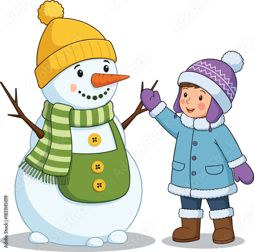 Winter child cartoon, snowman building scene, seasonal clothing, cold weather fun, bundled kid, holiday joy, vector illustration
