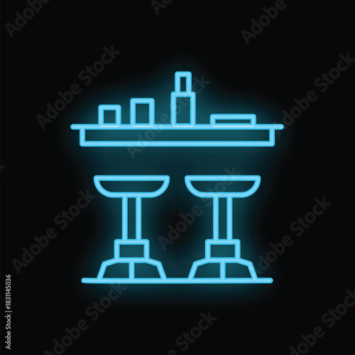 Blue neon sign of a bar counter with bottles and glasses on a shelf with two high chairs glowing on black background