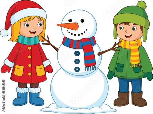Winter children cartoon, snowman building scene, seasonal clothing, cold weather fun, bundled kids, holiday joy, vector illustration