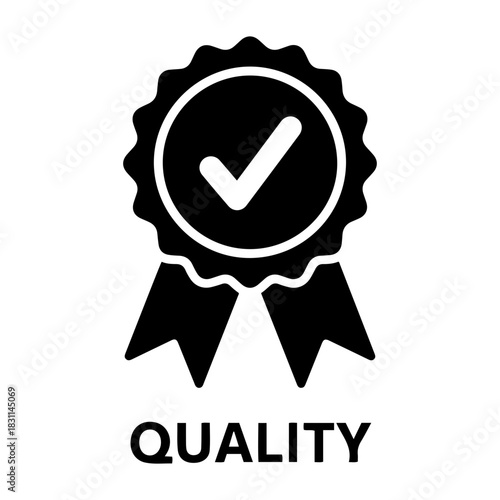 Credit and mortgage icon a black and white drawing of a quality assurance badge with a checkmark inside of a circle shape