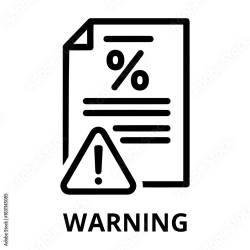 Credit and mortgage icon a document with a percentage symbol and warning sign indicating a potential risk or problem ahead now
