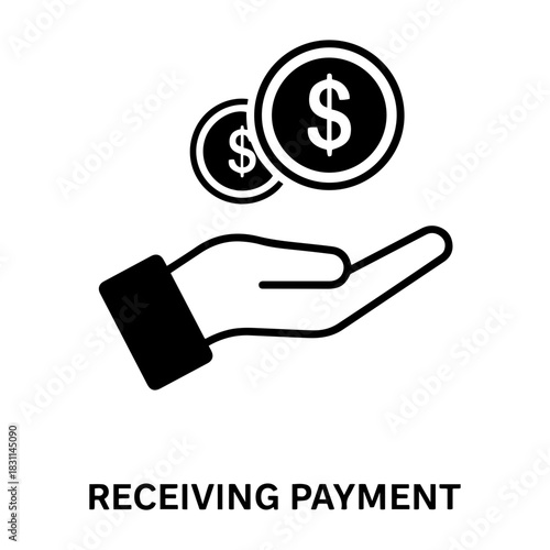 Credit and mortgage icon a hand holding two coins with dollar signs, illustrating receiving payment and financial transaction success