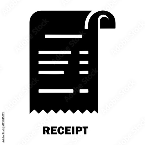 Credit and mortgage icon a solid black receipt with a curled top corner and horizontal lines indicating text on the paper.