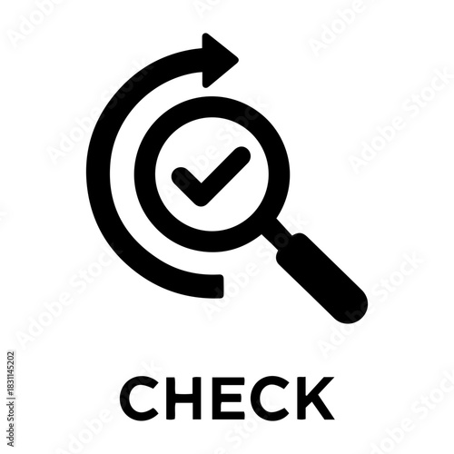 Credit and mortgage icon illustration of a magnifying glass with a check mark inside and a curved arrow around it icon