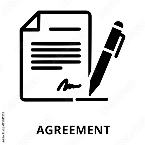Credit and mortgage icon illustration of a document with lines of text and a signature next to a pen signing the agreement