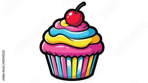 Colorful cupcake with cherry on top and frosting swirls.