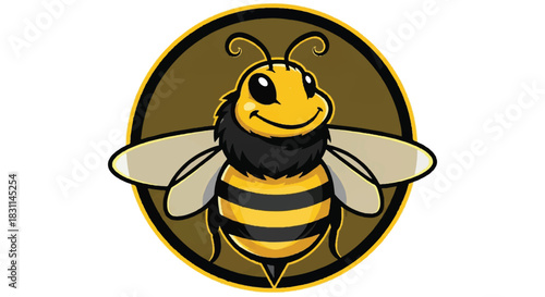 Cute cartoon bee character with smiling face and wings.