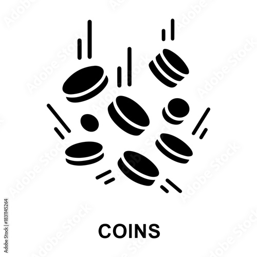 Credit and mortgage icon illustration of several black coins falling or floating with motion lines on a white background design