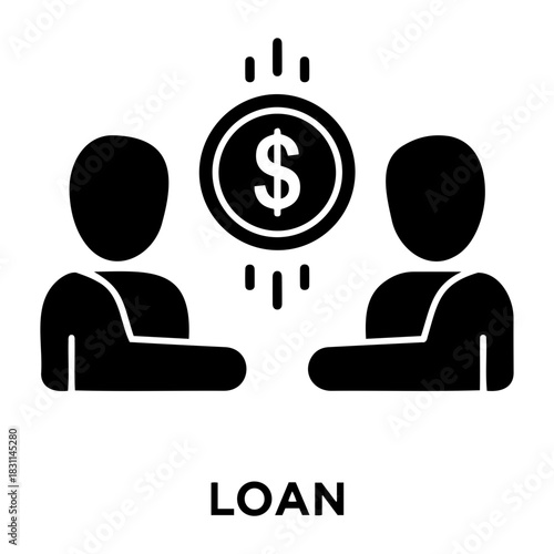 Credit and mortgage icon illustration of two stylized figures facing each other with a dollar coin between them in black and white