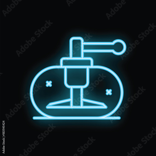 Blue glowing neon sign of a vintage diving bell on a black background