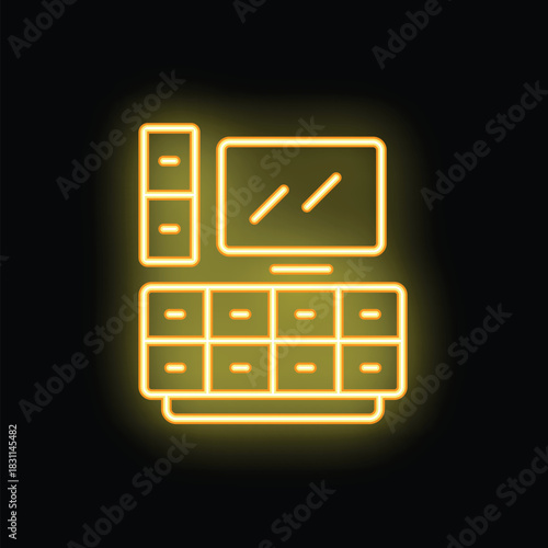 Bright yellow neon sign depicting a cash register system, symbolizing modern technology in a retail setting