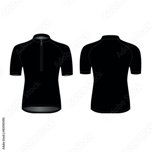 Vector illustration of a black zip-up shirt with short sleeves, front and back views. Mockup of a high-neck zip-up cycling jersey. Sketch of a casual-style sports jacket made of knit fabric.