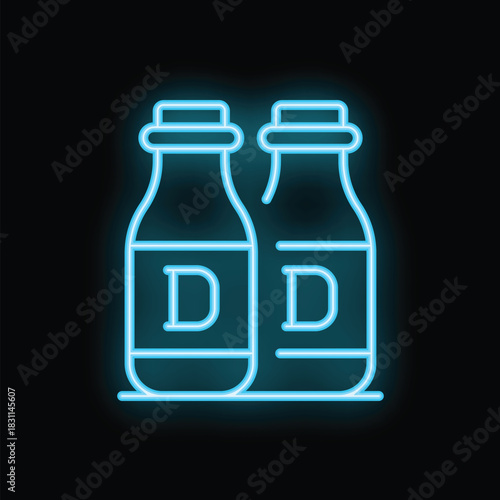 Glowing neon icon representing two bottles enriched with vitamin d, perfect for health and wellness projects