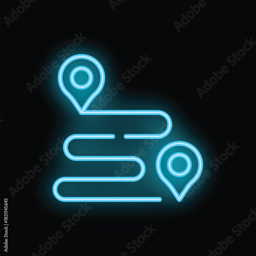 Neon blue icon of a gps route navigation, showing starting and destination points on a black background