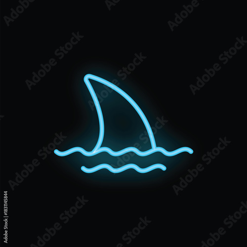Blue neon sign of a shark fin emerging from water waves on a black background