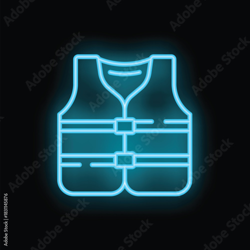 Blue neon icon of a life jacket glowing on black background