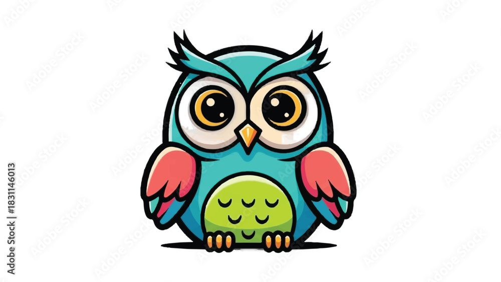 Fototapeta premium Cute cartoon owl illustration with big eyes and colorful feathers.