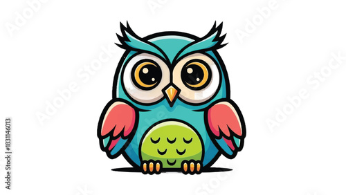 Cute cartoon owl illustration with big eyes and colorful feathers.
